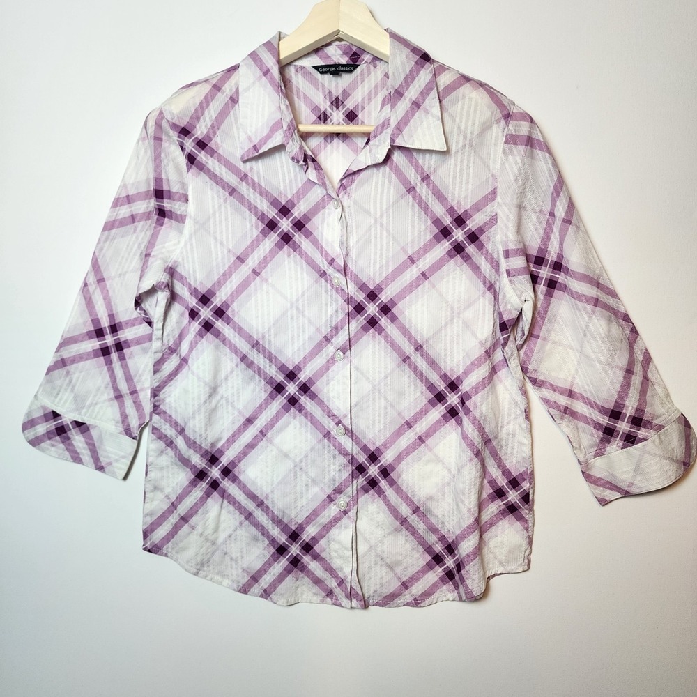 George Classics Plaid Button Up Shirt Purple White Textured 3/4 Sleeve Medium
